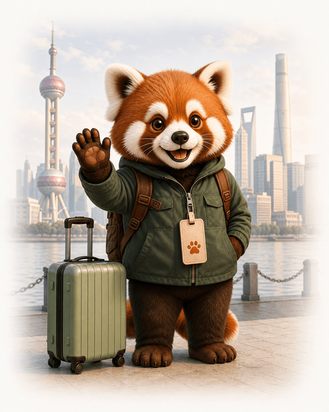 Red panda travel guide waving beside a suitcase on the Shanghai waterfront