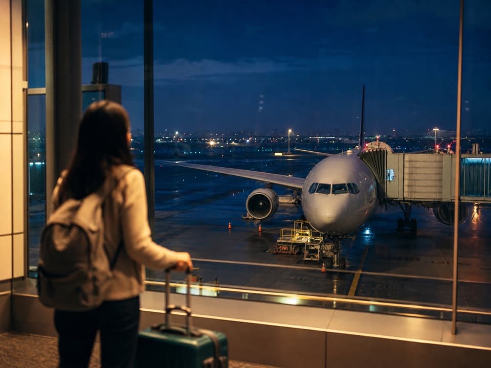 Airport gate and runway late at night
